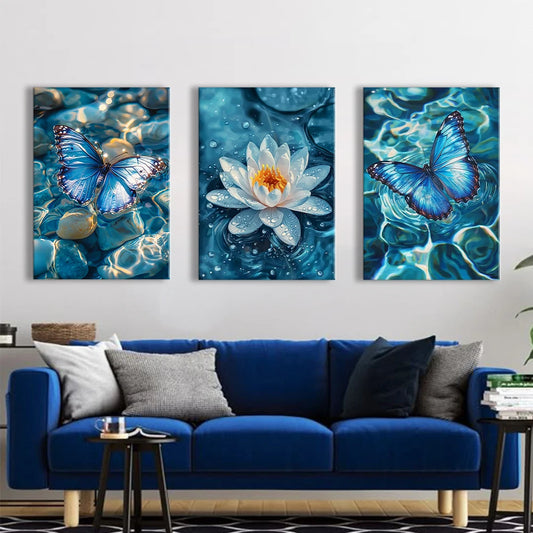 Blue lotus flower with butterflies canvas wall art