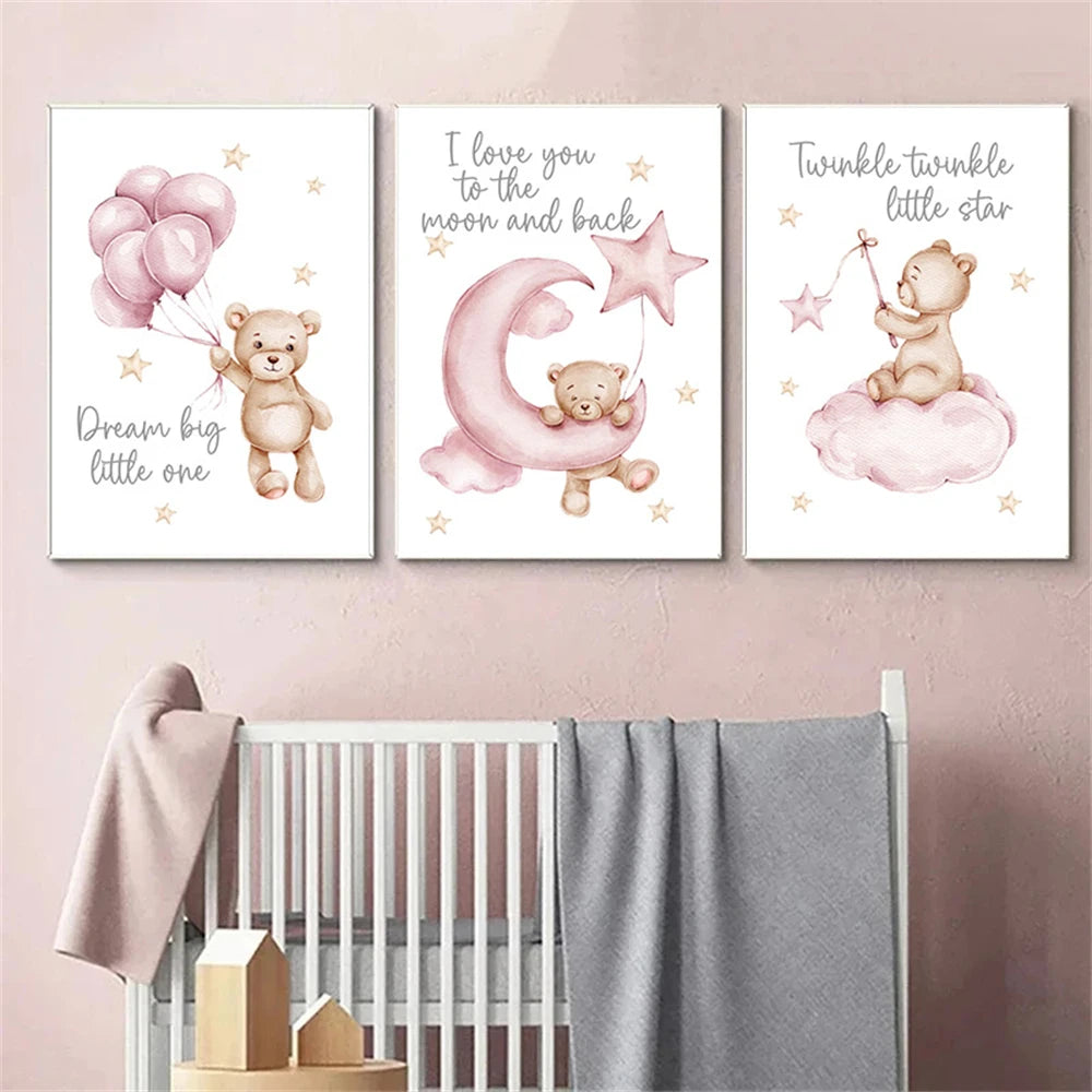 pink cartoon star moon bear nordic nursery canvas