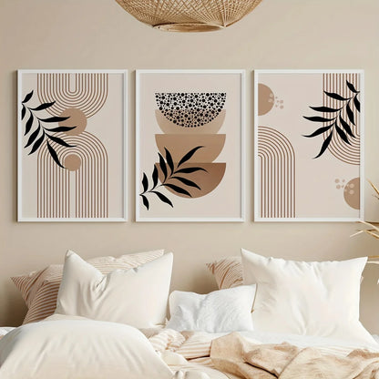 three piece boho geometric and leaf unframed canvas set