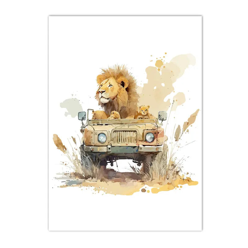 watercolor jungle animals lion elephant giraffe hippo nursery canvas