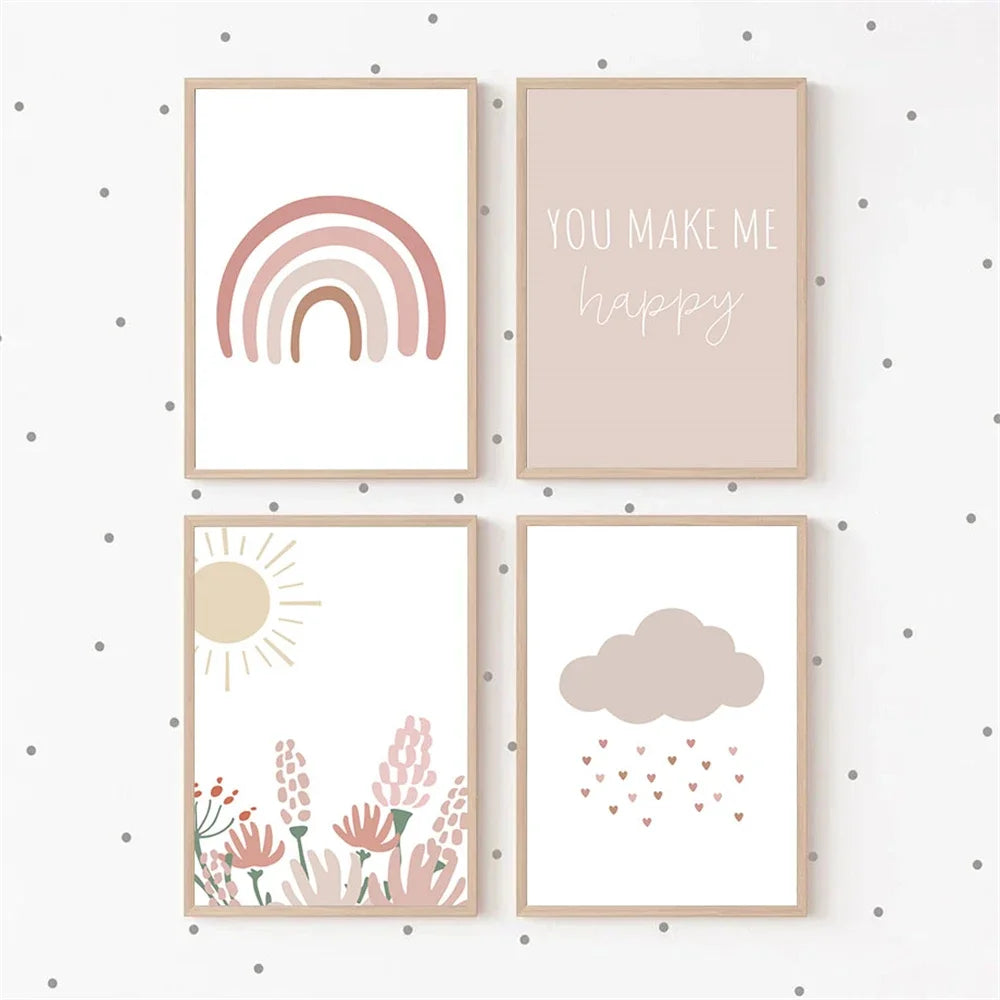 Nordic kids canvas with rainbow, sun, clouds and pink flowers