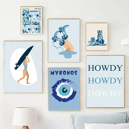 Coastal cowgirl beach aesthetic canvas wall art in light blue