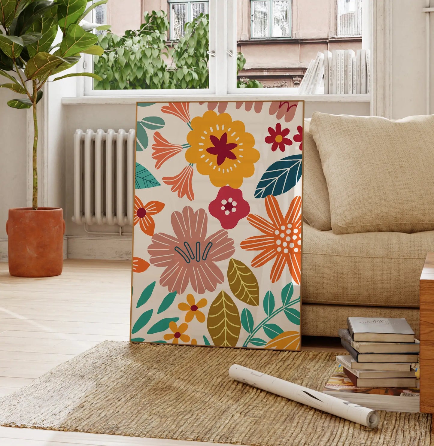 Three-piece colorful boho floral abstract canvas wall art