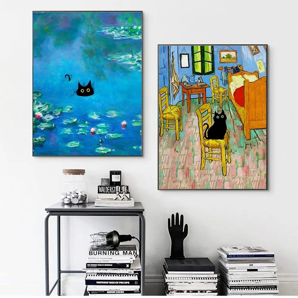 black cat with impressionist water lilies canvas wall art