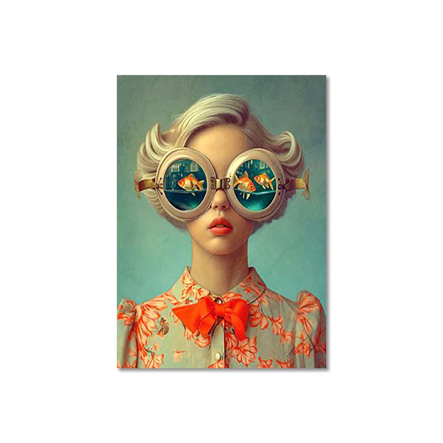 whimsical illustration of a girl wearing glasses standing in water on canvas