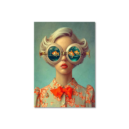 whimsical illustration of a girl wearing glasses standing in water on canvas