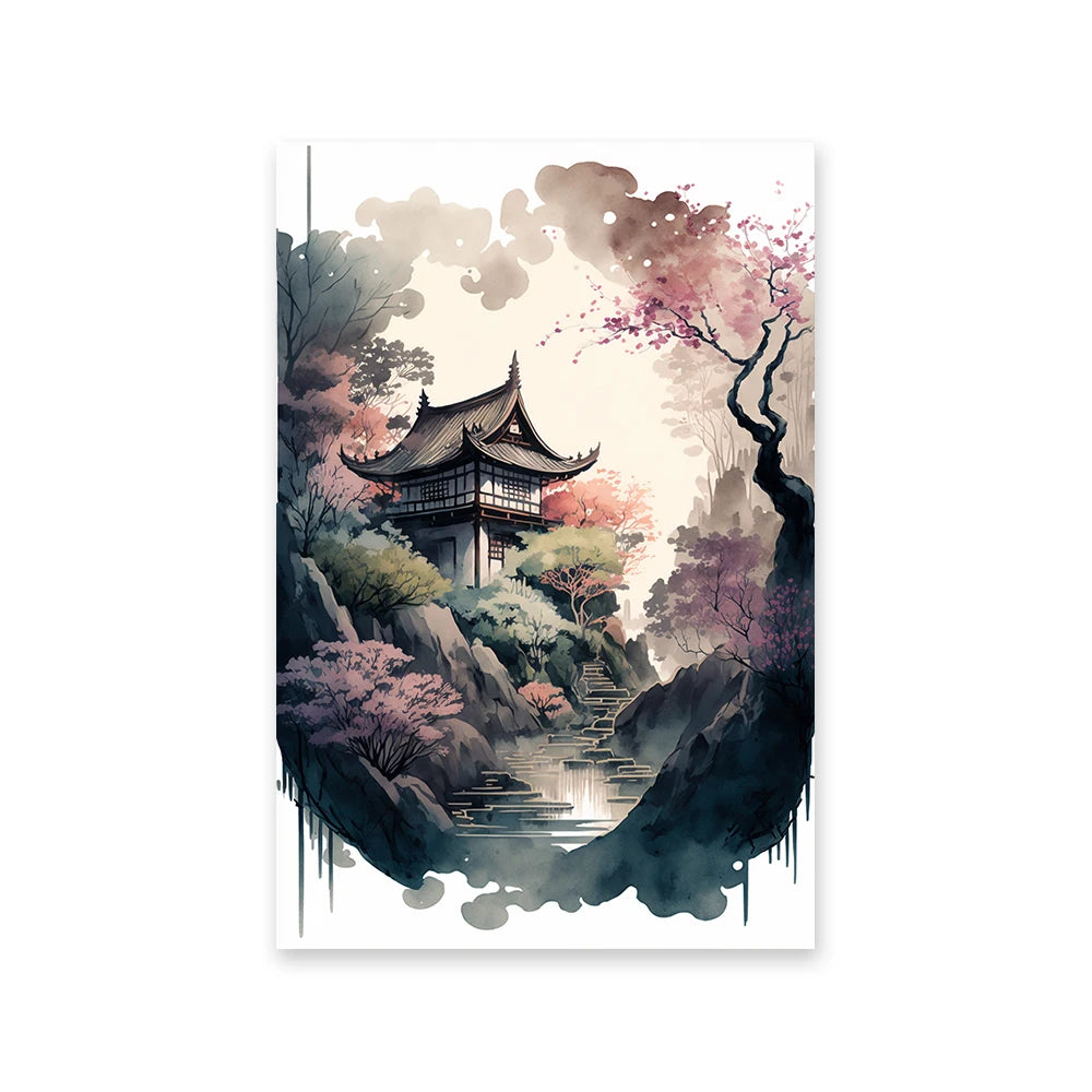 japanese style watercolor landscape aesthetic canvas wall art