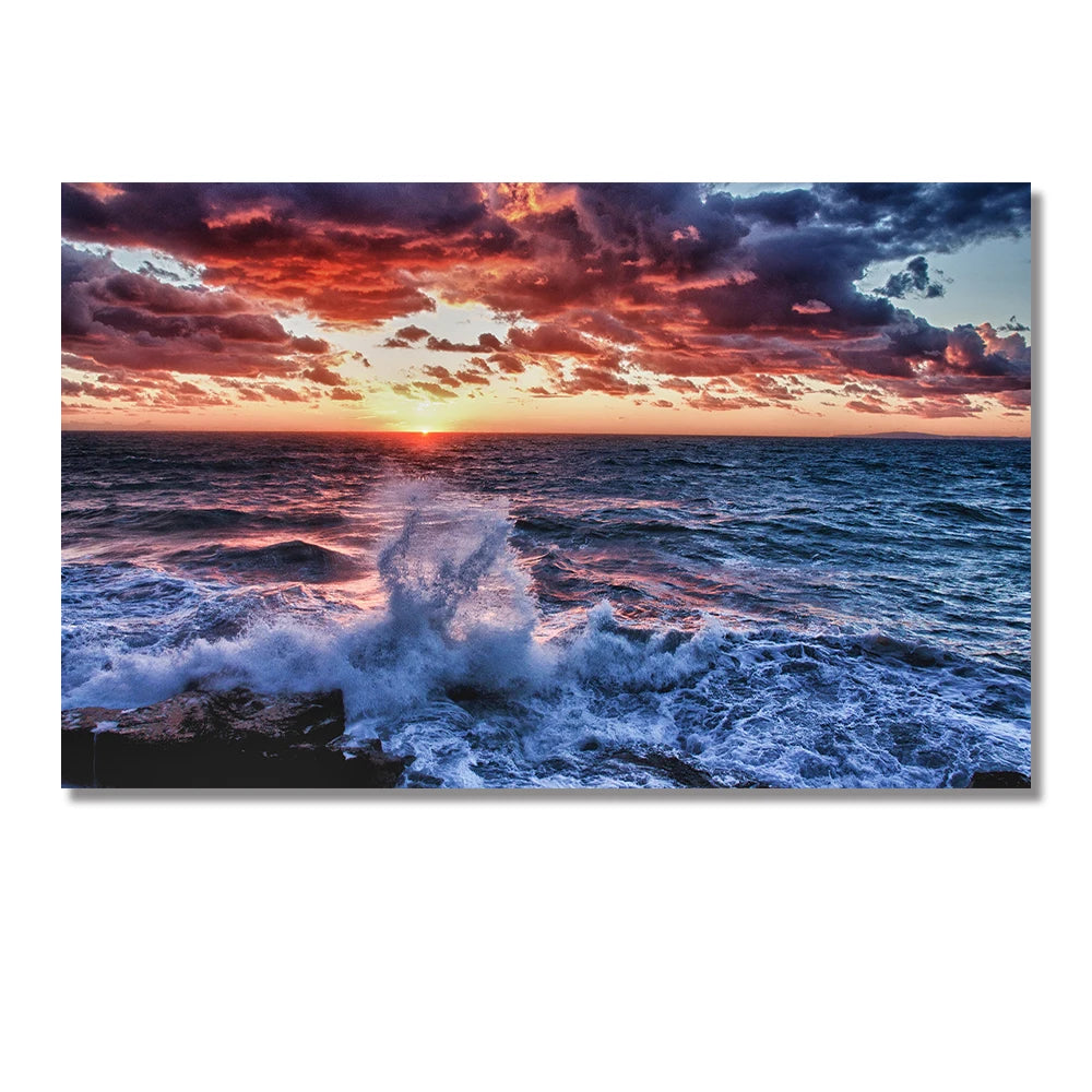 minimalist nordic landscape of mountain lake at sunset on canvas