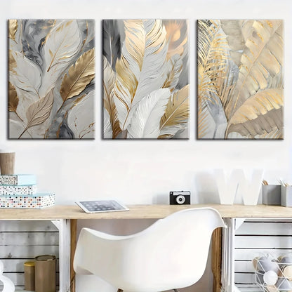 Golden Plant Leaves Canvas - Set Of 3