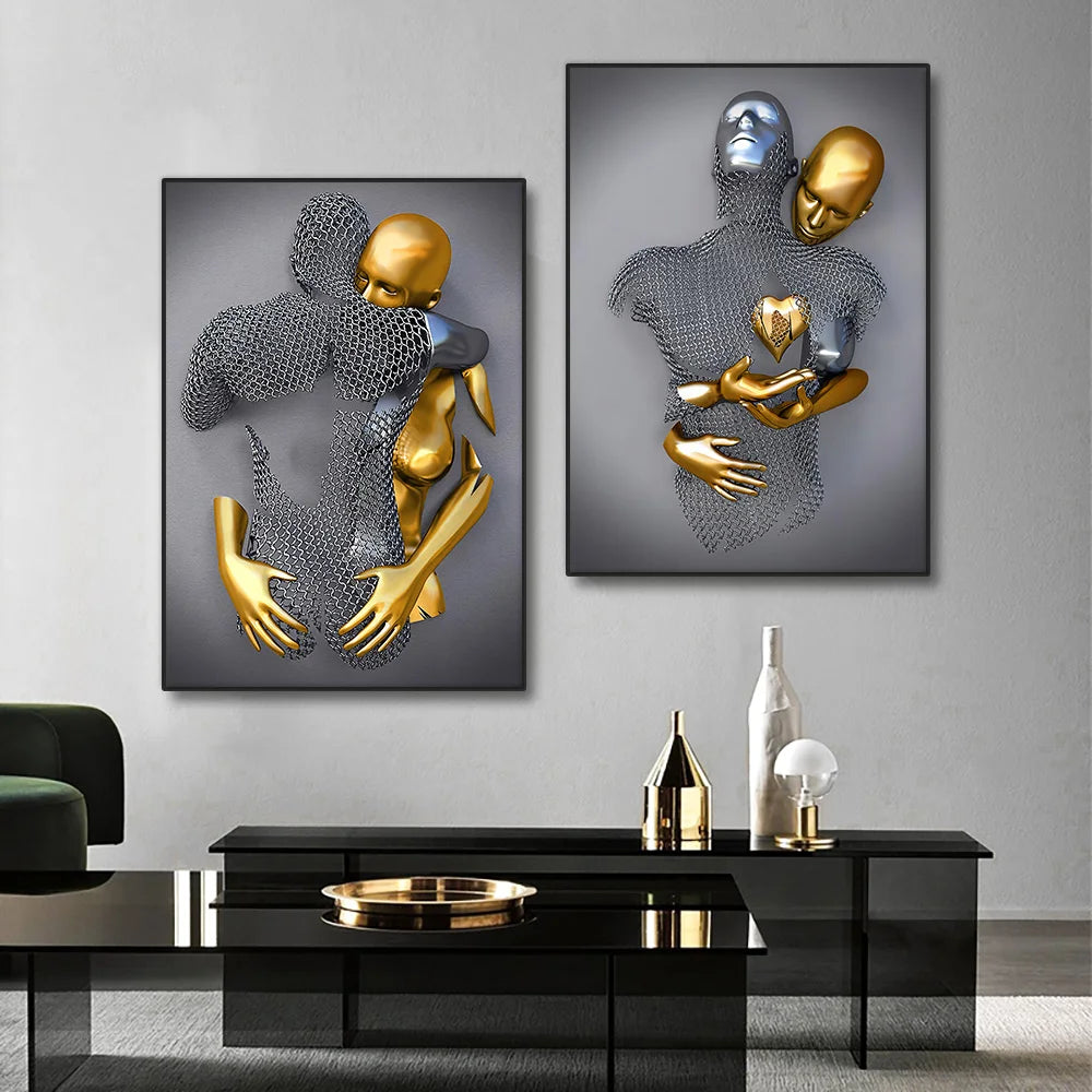 golden lovers metal statue abstract romantic canvas wall art