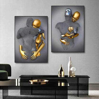 golden lovers metal statue abstract romantic canvas wall art