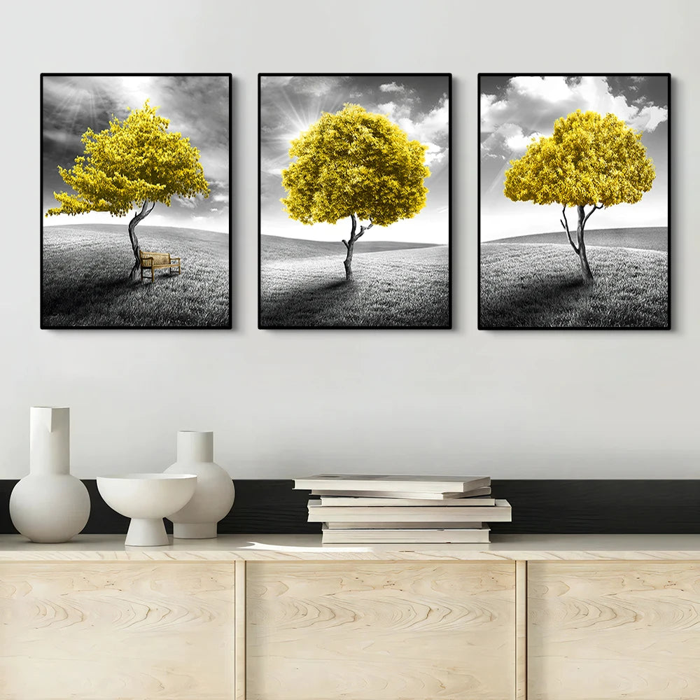 Three-piece abstract yellow tree canvas wall art