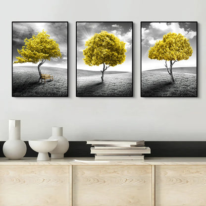 Three-piece abstract yellow tree canvas wall art