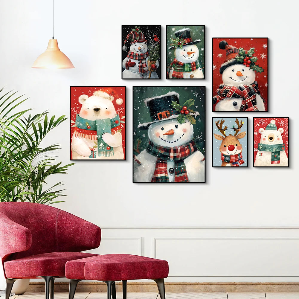 Christmas canvas with polar bear, Santa and snowman