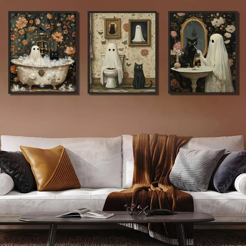three piece bathroom canvas with ghost and black cat in a bathtub