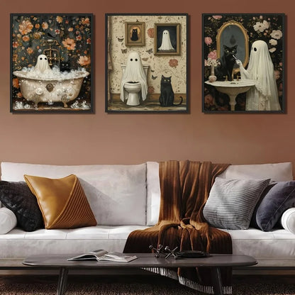 three piece bathroom canvas with ghost and black cat in a bathtub