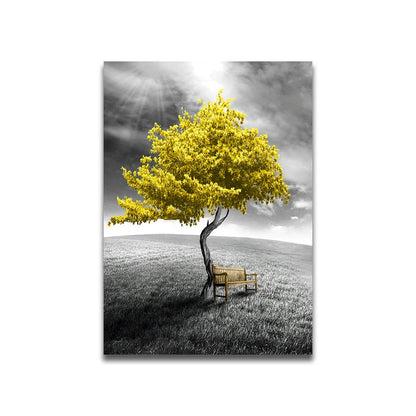 Three-piece abstract yellow tree canvas wall art