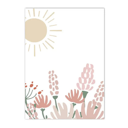 Nordic kids canvas with rainbow, sun, clouds and pink flowers