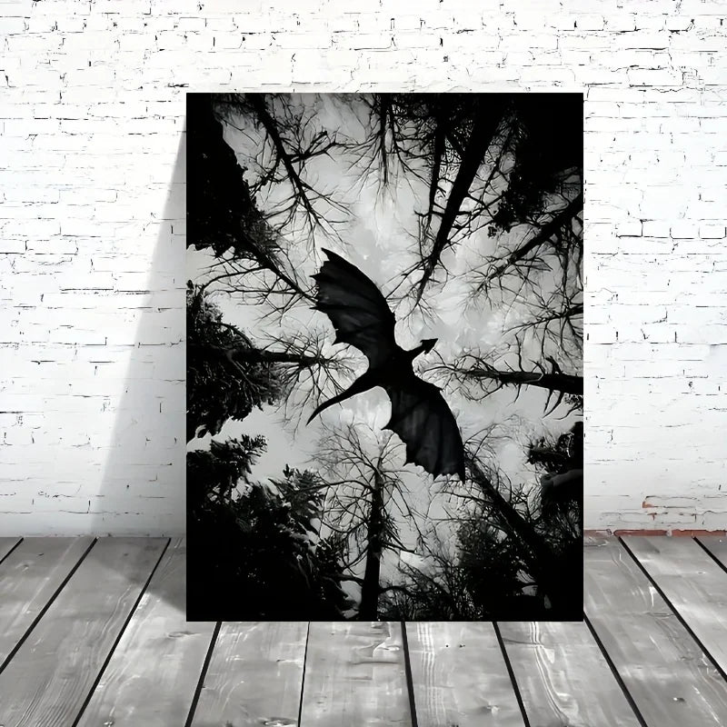 dark fantasy dragon flying over monochrome forest frameless canvas