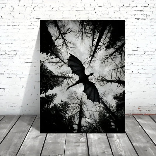 dark fantasy dragon flying over monochrome forest frameless canvas