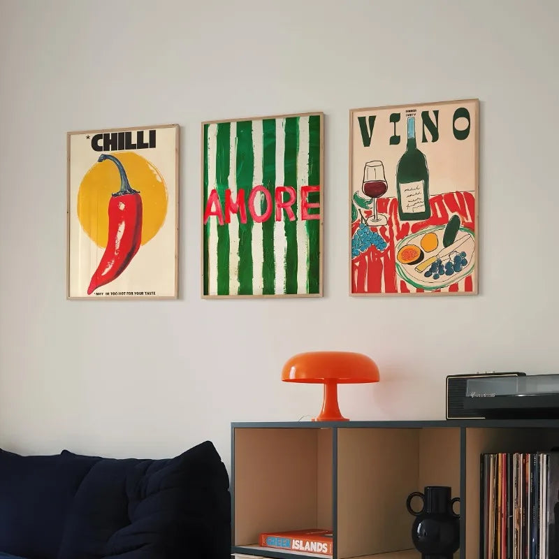 vintage amore vino wine glass chili dopamine unframed triptych canvas