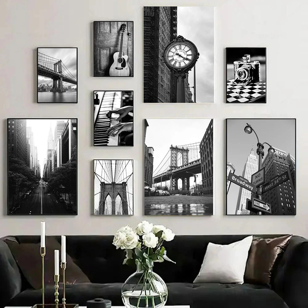 black and white new york themed still life canvas with guitar and camera