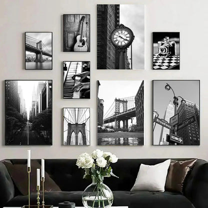 black and white new york themed still life canvas with guitar and camera