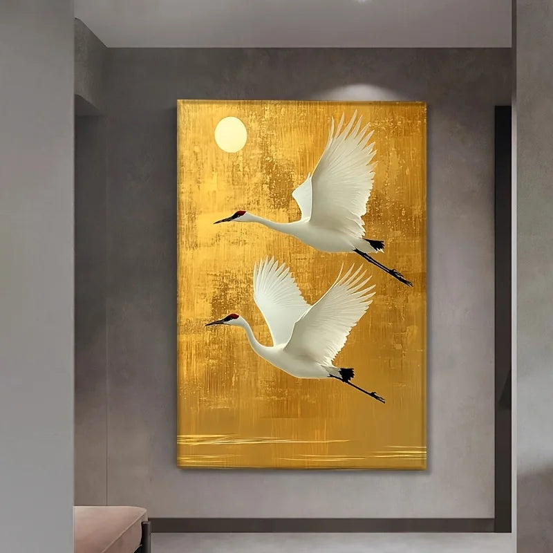 elegant white crane on golden background frameless chinese style canvas