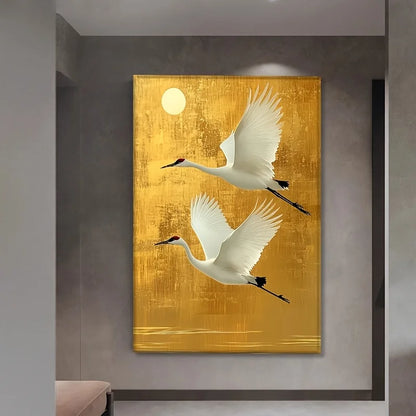 elegant white crane on golden background frameless chinese style canvas