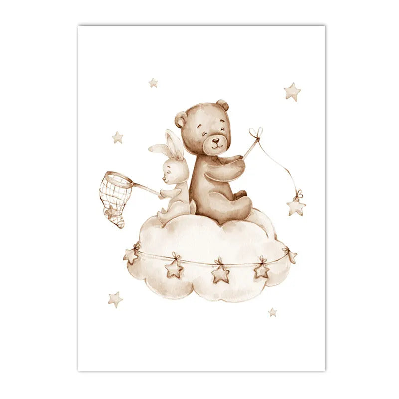 Nordic kids canvas with moon, stars, rabbit and bear