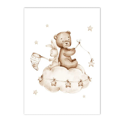 Nordic kids canvas with moon, stars, rabbit and bear