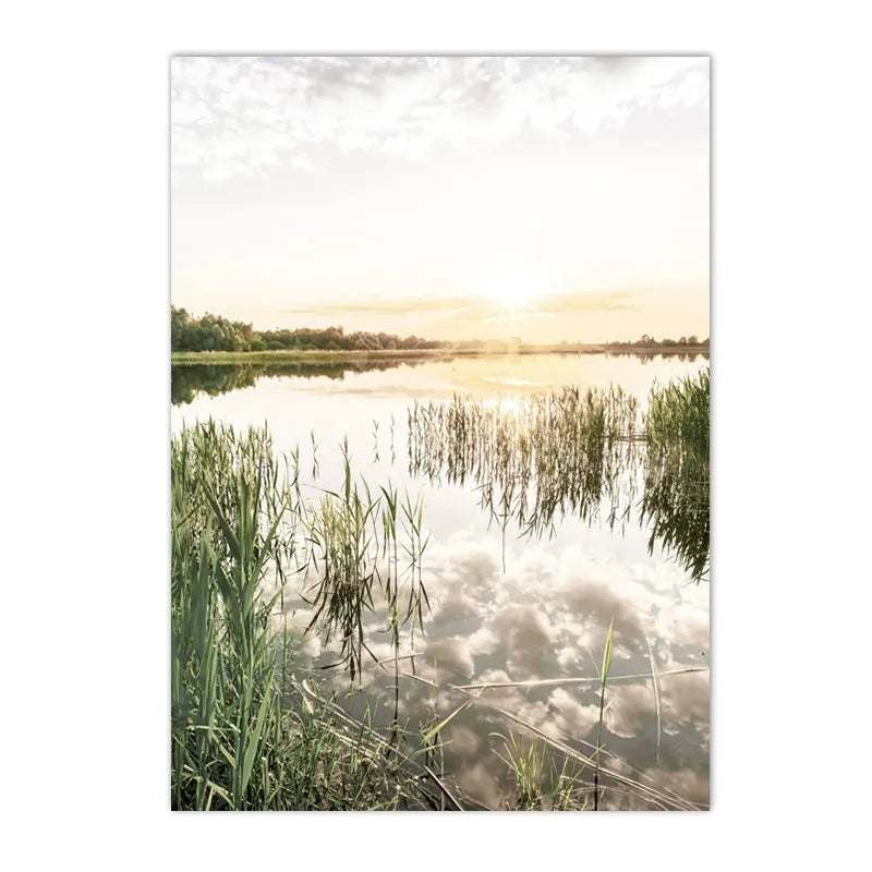 spring lake sunrise with reed grass and tree Nordic canvas wall art