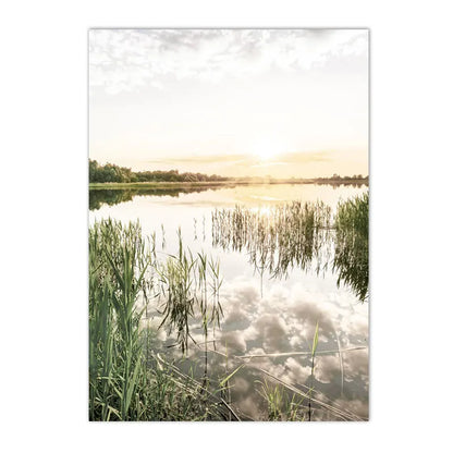 spring lake sunrise with reed grass and tree Nordic canvas wall art