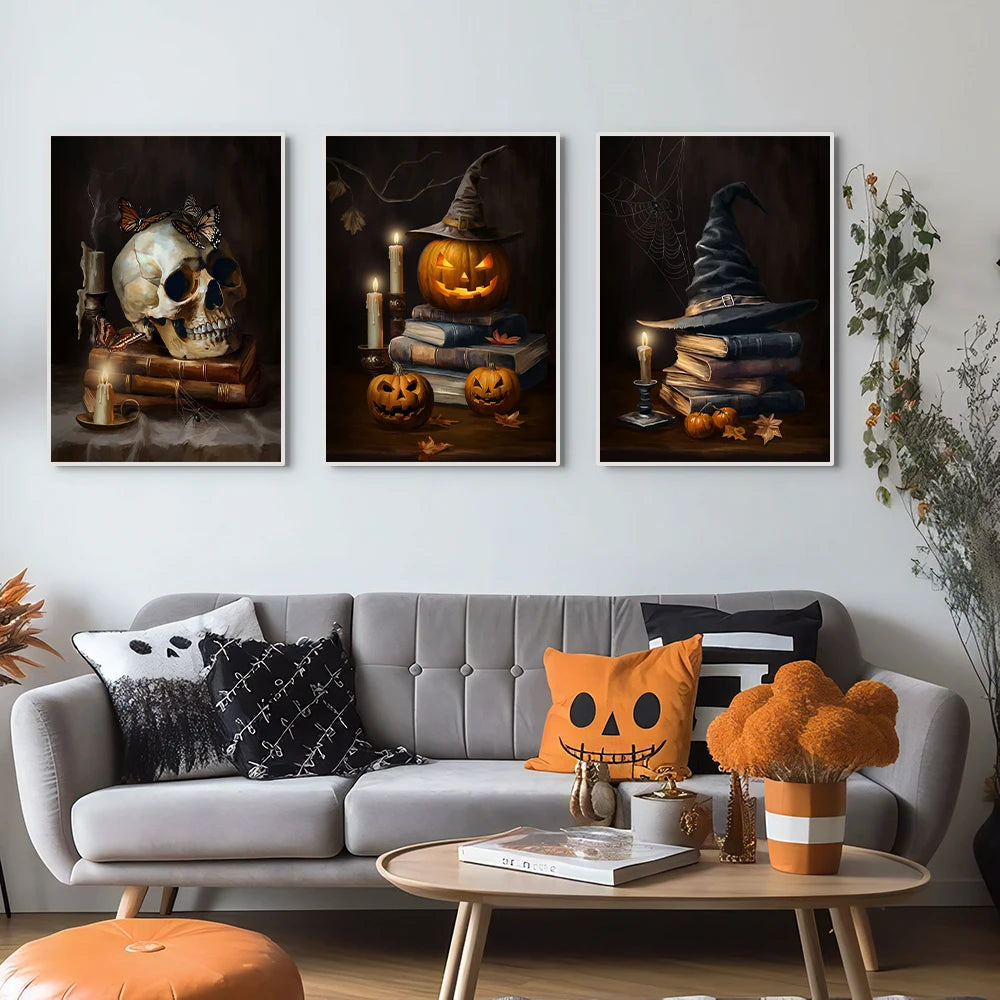Vintage Halloween canvas with castle, skull, witch, and pumpkin head