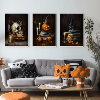 Vintage Halloween canvas with castle, skull, witch, and pumpkin head