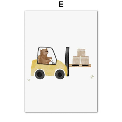 Cartoon Bear Construction Vehicle Canvas Art