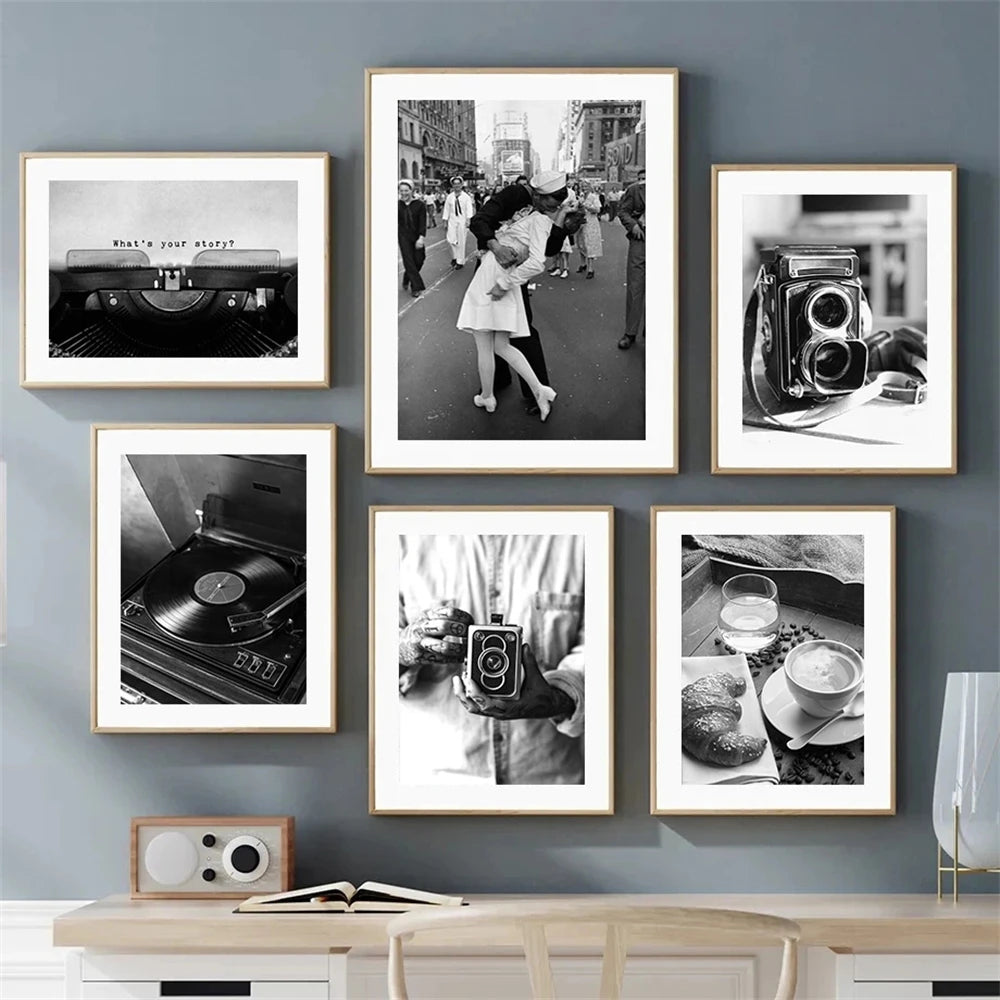 black and white vintage canvas with record camera and typewriter