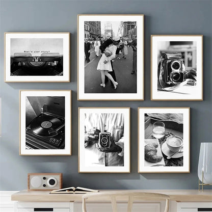 black and white vintage canvas with record camera and typewriter
