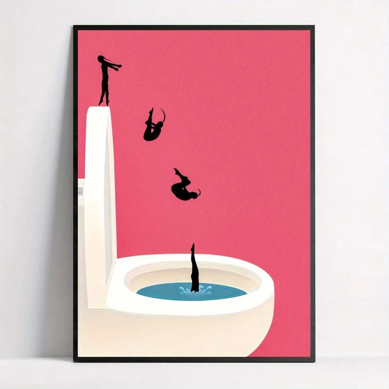 frameless vintage pink bathroom canvas with girls jumping into a toilet