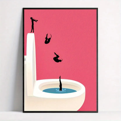 frameless vintage pink bathroom canvas with girls jumping into a toilet