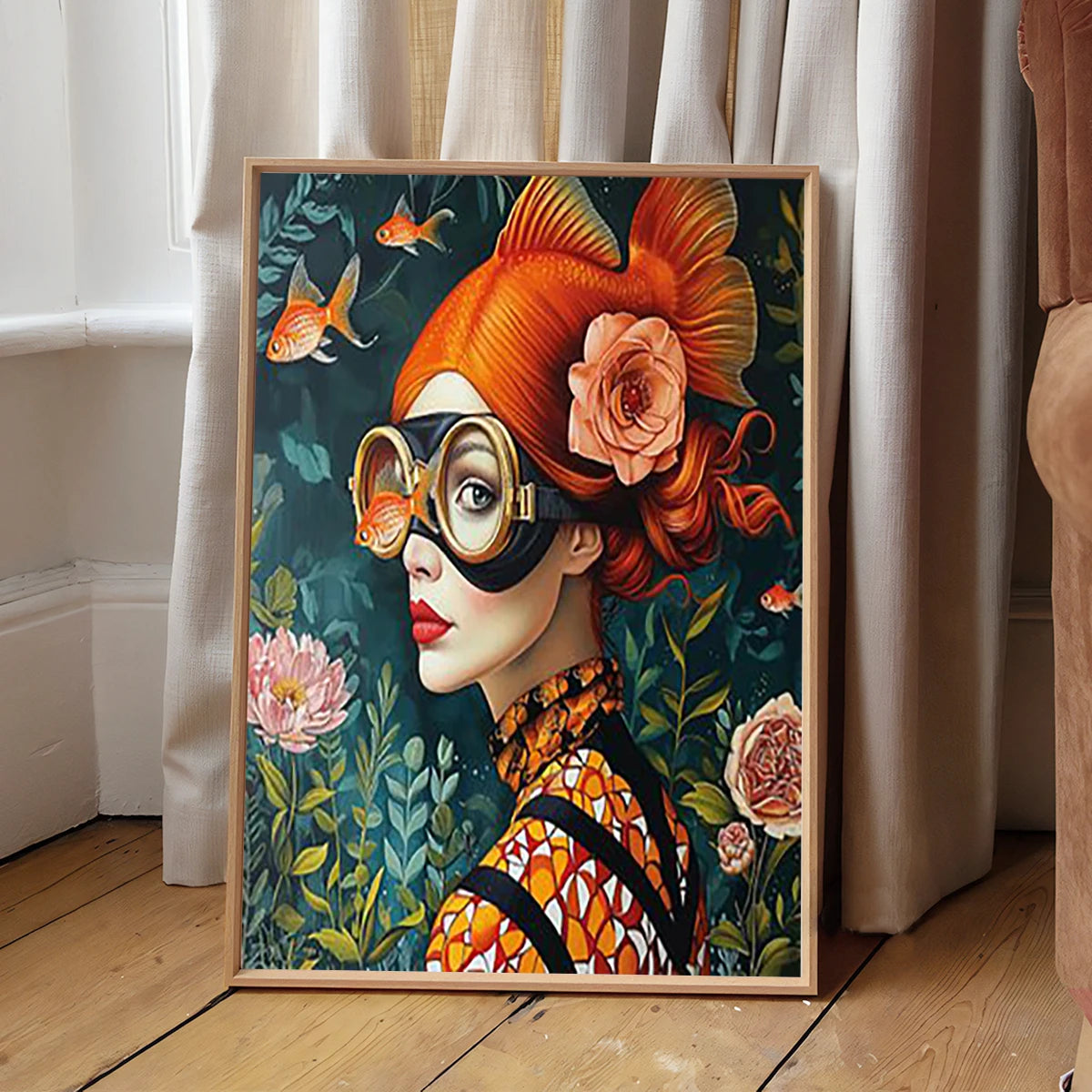 whimsical illustration of a girl wearing glasses standing in water on canvas