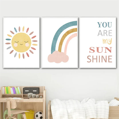 half rainbow and smiling sun “you are my sunshine” kids canvas wall art
