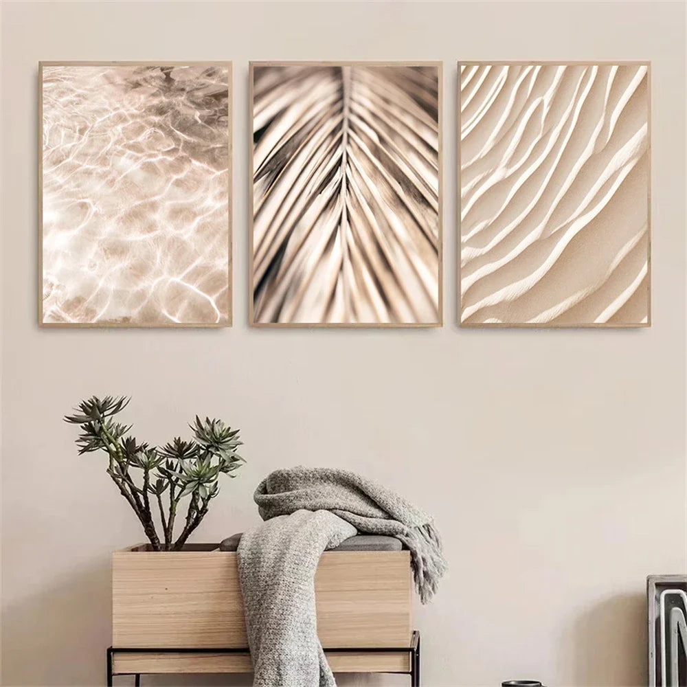 minimalist nordic beige beach scene with palm leaf on canvas