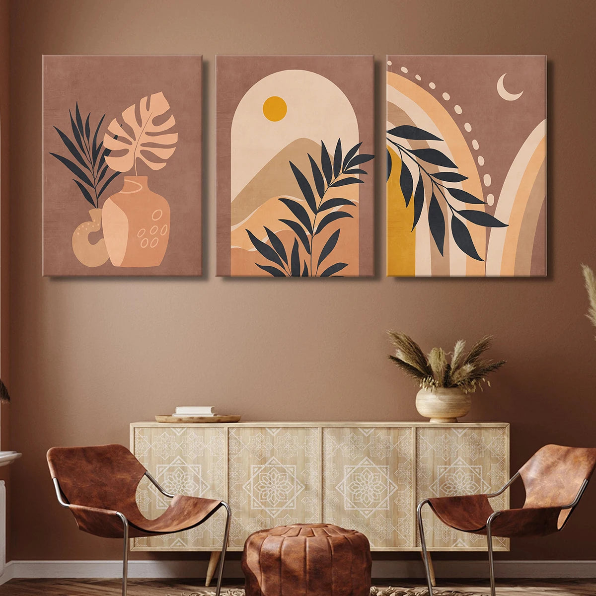 Vintage boho terracotta leaf colour-block canvas wall art