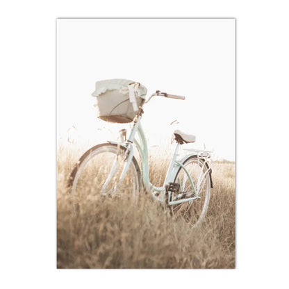 beige coastal canvas with flowers grass and bicycle