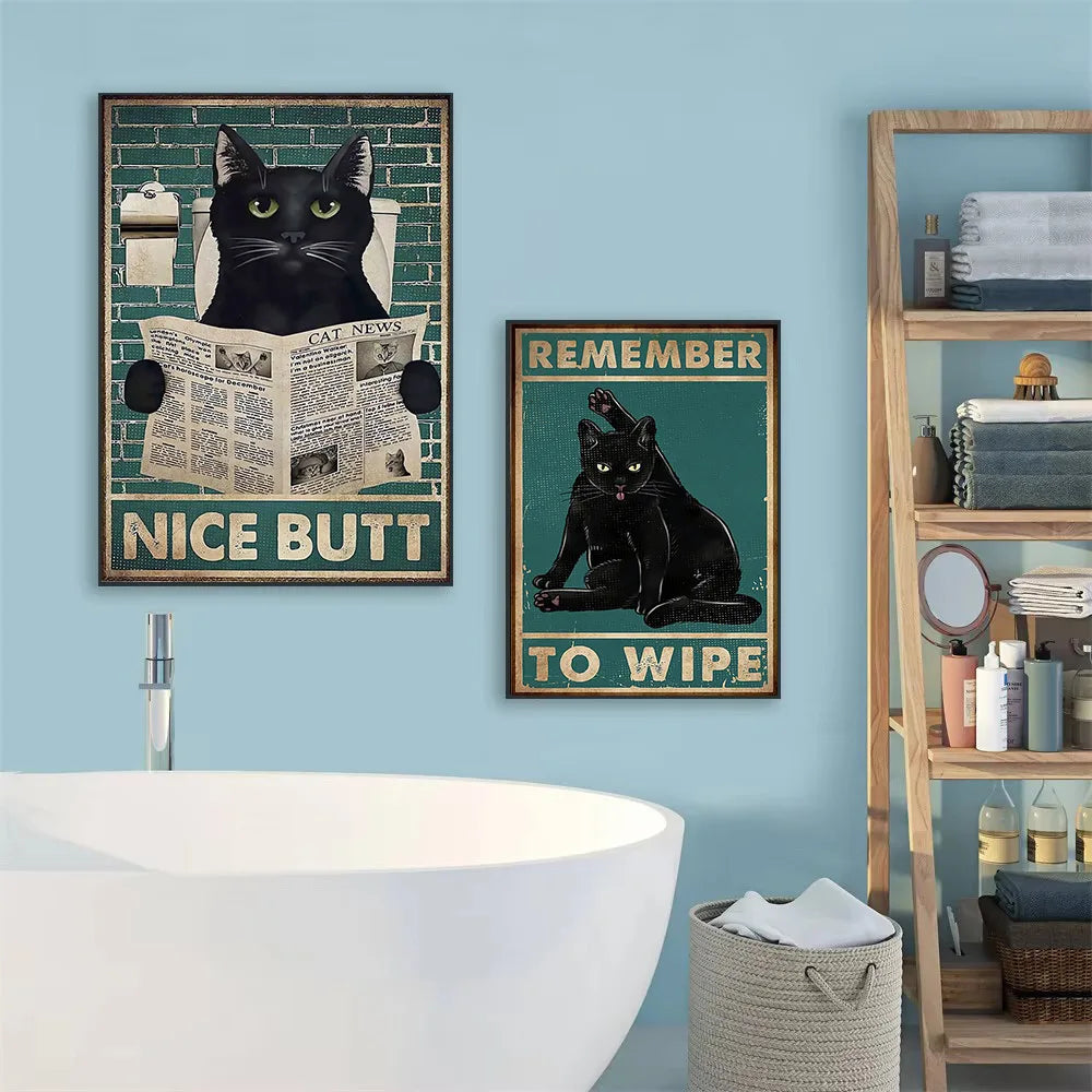 funny black cat are you pooping bathroom canvas sign