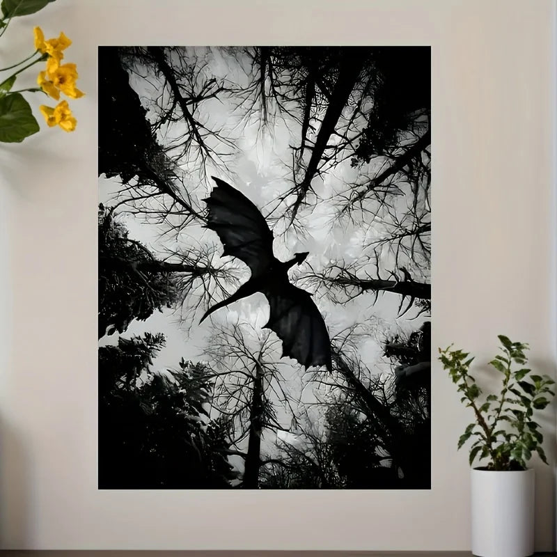 dark fantasy dragon flying over monochrome forest frameless canvas