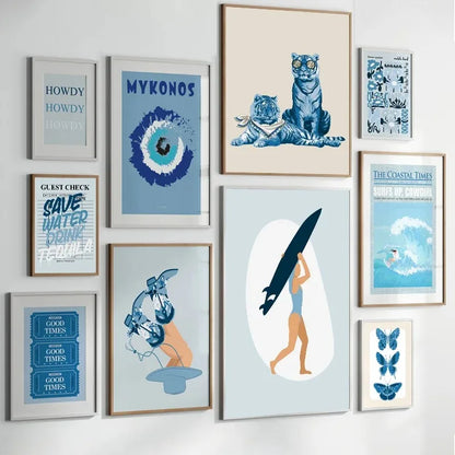 Coastal cowgirl beach aesthetic canvas wall art in light blue