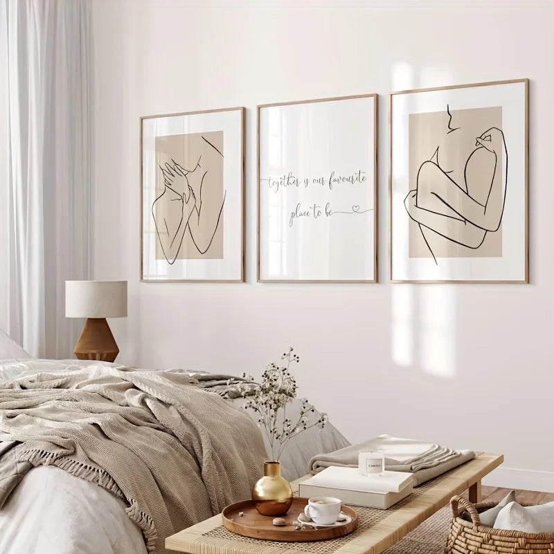 three piece beige one line couple romantic quote canvas set