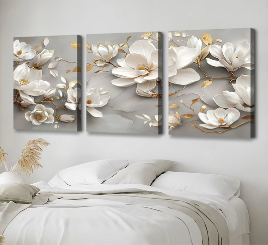 Abstract White Floral Canvas - Set Of 3